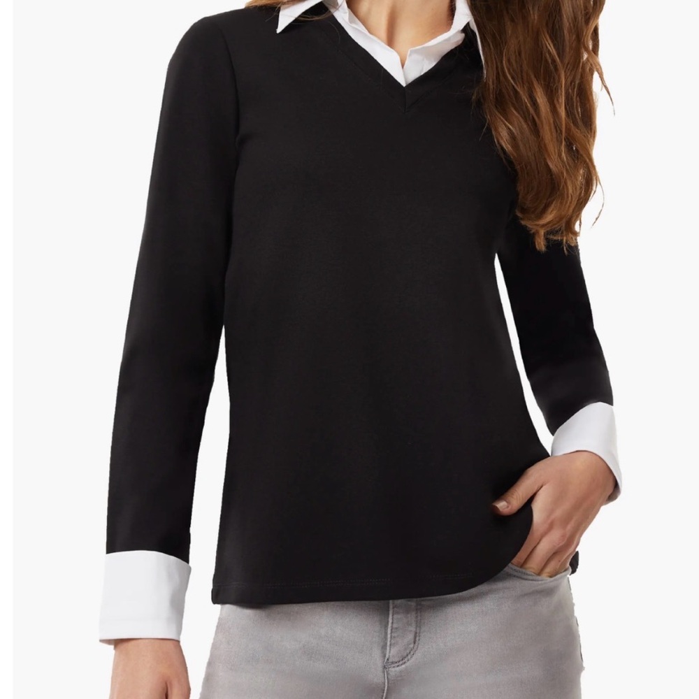 Serenity Layered V-Neck Sweater Black V-Neck Sweater with White Accents